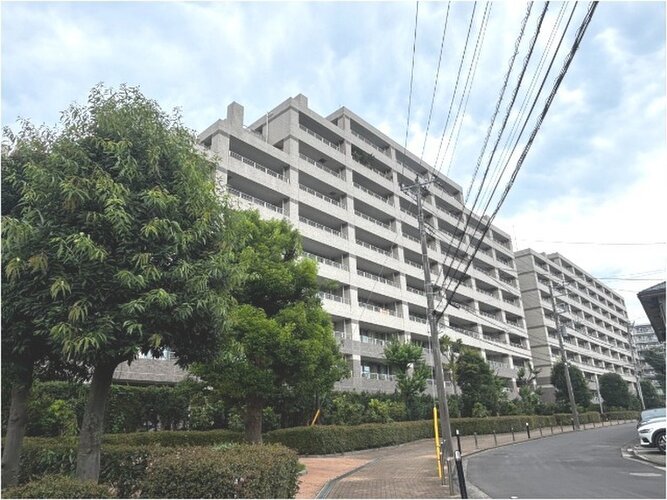 緑豊かな並木道に面した重厚感のある大規模マンションの外観です！前面道路は歩道がしっかりと整備されており、小さなお子様との歩行やベビーカーでの移動もスムーズで安心感のある住環境が魅力となっています♪