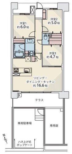 3LDK+テラス+専用庭、専有面積71.67㎡、テラス面積13,4㎡、専用庭面積12.48㎡ 3LDK+テラス+専用庭、専有面積71.67㎡、テラス面積13,4㎡、専用庭面積12.48㎡