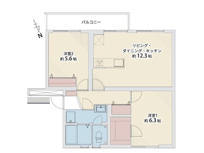 2LDK+W、専有面積57.58㎡、バルコニー面積5.99㎡、室内リノベーション実施 2LDK+W、専有面積57.58㎡、バルコニー面積5.99㎡、室内リノベーション実施