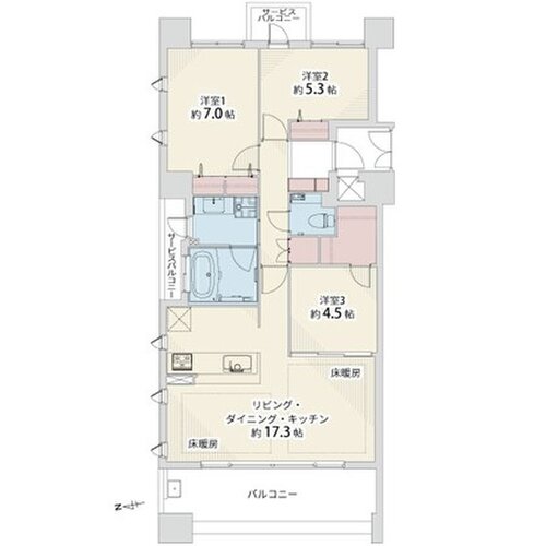 3LDK+W+2サービスバルコニー、専有面積76.77平米、バルコニー12.35平米、サービスバルコニー4.82平米、ポーチ2.89平米、室内リノベーション実施 3LDK+W+2サービスバルコニー、専有面積76.77平米、バルコニー12.35平米、サービスバルコニー4.82平米、ポーチ2.89平米、室内リノベーション実施