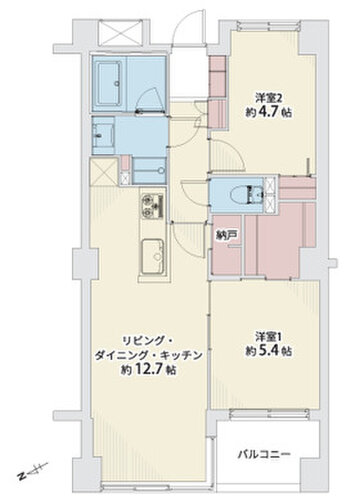 2LDK+納戸+W、専有面積54.39㎡、バルコニー面積4.43㎡、室内リノベーション 2LDK+納戸+W、専有面積54.39㎡、バルコニー面積4.43㎡、室内リノベーション