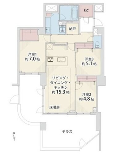 3LDK+納戸+W+SIC、専有面積84.21㎡、テラス34.87㎡、室内リノベーション実施 3LDK+納戸+W+SIC、専有面積84.21㎡、テラス34.87㎡、室内リノベーション実施
