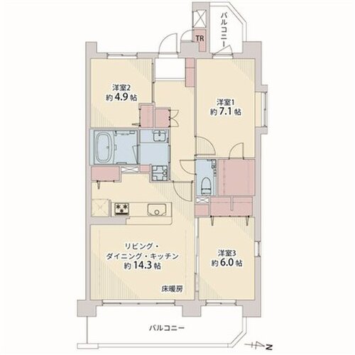 3LDK+WIC+TR、専有面積76.15㎡、バルコニー面積11.65㎡、トランクルーム面積0.55㎡、室内リノベーション実施 3LDK+WIC+TR、専有面積76.15㎡、バルコニー面積11.65㎡、トランクルーム面積0.55㎡、室内リノベーション実施