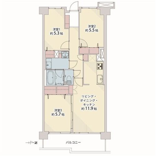 3LDK+W、専有面積58.68㎡、バルコニー8.54㎡、室内リノベーション実施 3LDK+W、専有面積58.68㎡、バルコニー8.54㎡、室内リノベーション実施