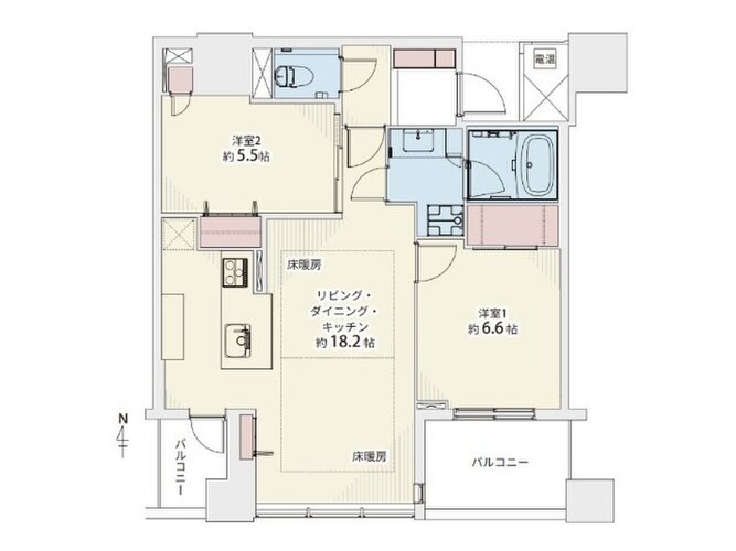 2LDK+W、専有面積68.46㎡、バルコニー9㎡、ポーチ面積2.15㎡、室内リノベーション実施 2LDK+W、専有面積68.46㎡、バルコニー9㎡、ポーチ面積2.15㎡、室内リノベーション実施