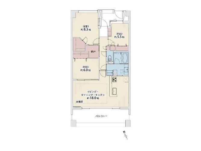 3LDK+納戸+W、専有面積85.43平米、バルコニー14.80平米、室内リノベーション実施 3LDK+納戸+W、専有面積85.43平米、バルコニー14.80平米、室内リノベーション実施