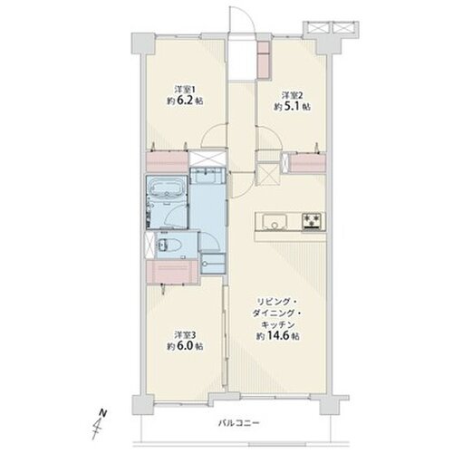 3LDK+W、専有面積70.30平米、バルコニー8.62平米、室内リノベーション実施 3LDK+W、専有面積70.30平米、バルコニー8.62平米、室内リノベーション実施