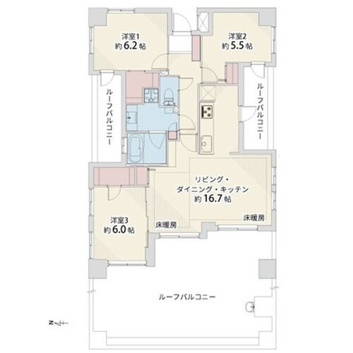 3LDK+2W、専有面積77.52㎡、ルーフバルコニー80.01㎡、室内リノベーション実施 3LDK+2W、専有面積77.52㎡、ルーフバルコニー80.01㎡、室内リノベーション実施