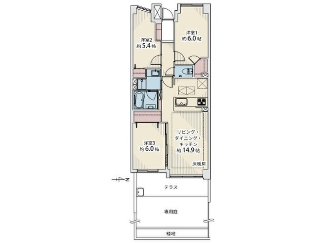 3LDK+W+専用庭、専有面積69.02㎡、テラス8.60㎡、専用庭17㎡、室外機置場0.90㎡、室内リノベーション実施 3LDK+W+専用庭、専有面積69.02㎡、テラス8.60㎡、専用庭17㎡、室外機置場0.90㎡、室内リノベーション実施