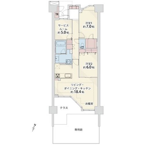 2LDK+W+離れ、専有面積82.69㎡、専用庭面積23.73㎡、テラス面積11.54㎡、アルコーブ面積3.56㎡、室内リノベーション実施 2LDK+W+離れ、専有面積82.69㎡、専用庭面積23.73㎡、テラス面積11.54㎡、アルコーブ面積3.56㎡、室内リノベーション実施