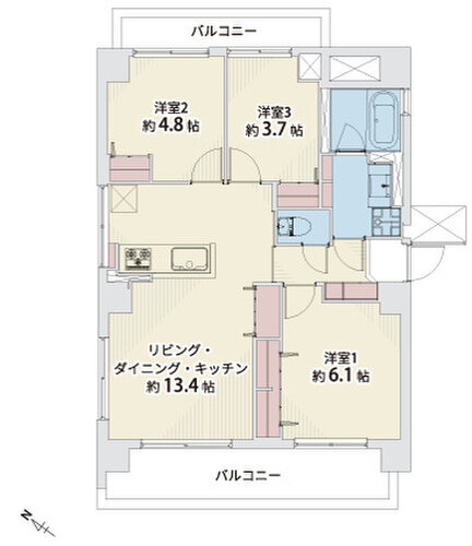 3LDK、専有面積63.00㎡、バルコニー面積13.68㎡、室内リノベーション 3LDK、専有面積63.00㎡、バルコニー面積13.68㎡、室内リノベーション