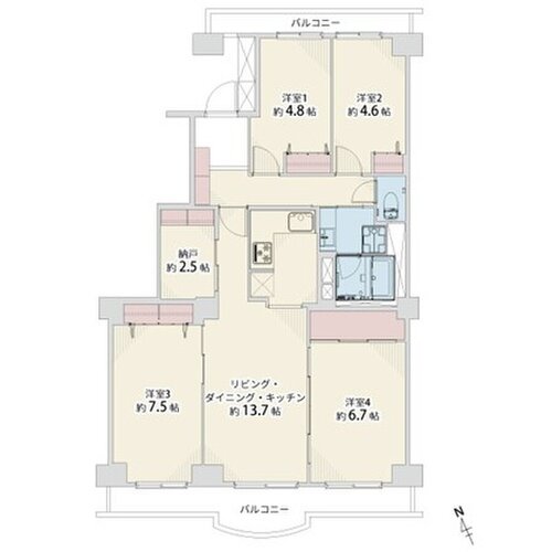 4LDK+納戸、専有面積86.07㎡、バルコニー11.99㎡、室内リノベーション実施 4LDK+納戸、専有面積86.07㎡、バルコニー11.99㎡、室内リノベーション実施