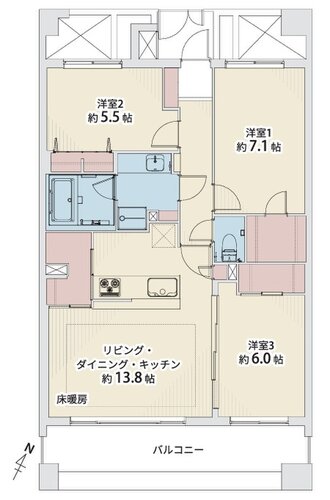3LDK+2W、専有面積75.75平米、バルコニー13.50平米、ポーチ2.52平米 3LDK+2W、専有面積75.75平米、バルコニー13.50平米、ポーチ2.52平米