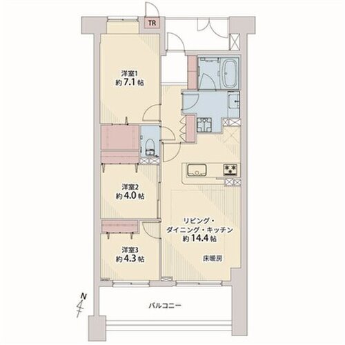 3LDK+W、専有面積70.31平米(TR0.45含む)、バルコニー13平米、ポーチ4.63平米、室内リノベーション実施 3LDK+W、専有面積70.31平米(TR0.45含む)、バルコニー13平米、ポーチ4.63平米、室内リノベーション実施