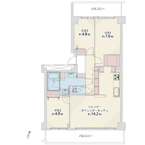 3LDK+W、専有面積72.09平米、バルコニー18.19平米、室内リノベーション実施 3LDK+W、専有面積72.09平米、バルコニー18.19平米、室内リノベーション実施