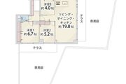 3LDK＋専用庭、専有面積77，60㎡、テラス面積20.58㎡、専用庭面積47.13㎡