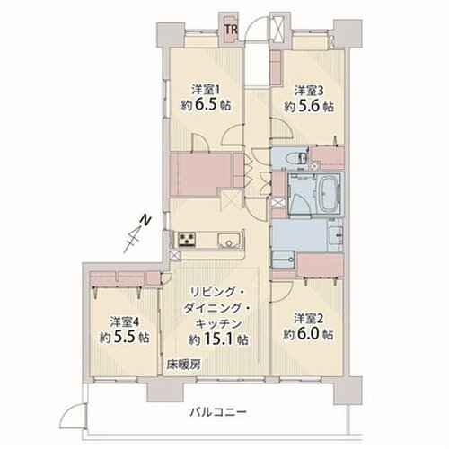 4LDK+TR+W、専有面積90.00㎡、バルコニー18.40㎡、アルコーブ1.30㎡、室内リノベーション実施 4LDK+TR+W、専有面積90.00㎡、バルコニー18.40㎡、アルコーブ1.30㎡、室内リノベーション実施