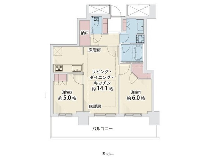 2LDK+W納戸、専有面積60.01㎡、バルコニー15.84㎡、室内リノベーション実施 2LDK+W納戸、専有面積60.01㎡、バルコニー15.84㎡、室内リノベーション実施