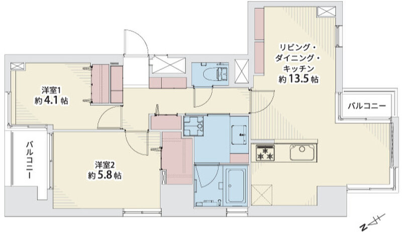 2LDK+W、専有面積58.95㎡、バルコニー面積5.24㎡、室内リノベーション実施 2LDK+W、専有面積58.95㎡、バルコニー面積5.24㎡、室内リノベーション実施