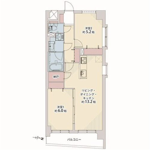 2LDK+納戸、専有面積58.83㎡、バルコニー7.60㎡ 2LDK+納戸、専有面積58.83㎡、バルコニー7.60㎡